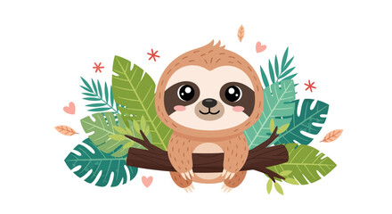 Fototapeta premium Cute sloth hanging on tree branch with tropical leaves, jungle animal illustration