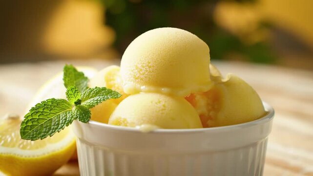 Refreshing lemon sorbet scoops in a white ceramic bowl garnished with mint leaves and fresh citrus fruit slices on a wooden surface