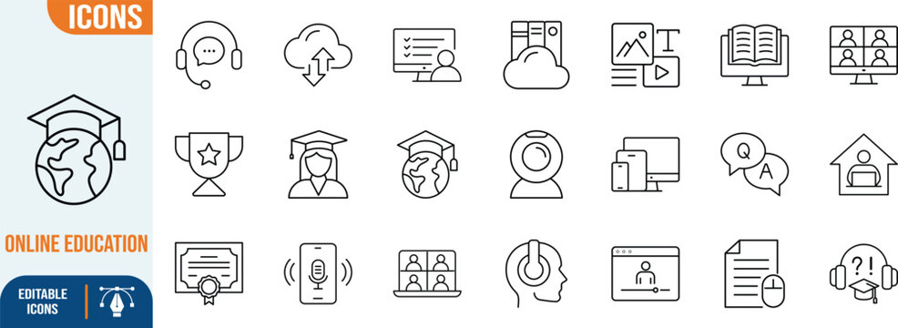 Online education remote learning vector icons. cap icon set, webcam icon set, headphones icon set