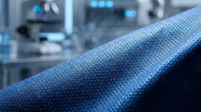 Macro view of blue technical fabric with a hexagonal honeycomb pattern and water droplets showing moisture resistance in a high-tech laboratory environment.