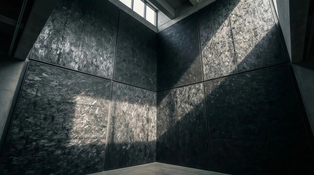 Minimalist architectural corner with dark textured wall panels and sharp geometric shadows from bright sunlight entering through an overhead clerestory window.