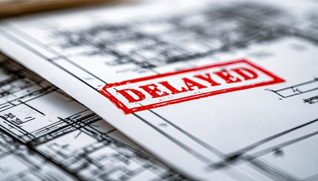 Red stamp on architectural plans reads "DELAYED", highlighting project setback