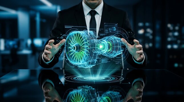 Businessman presenting a holographic blueprint of a jet engine, showcasing advanced engineering, innovation, and future technology in aerospace.