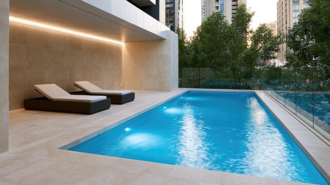 Modern poolside lounge with inviting blue water and sun loungers