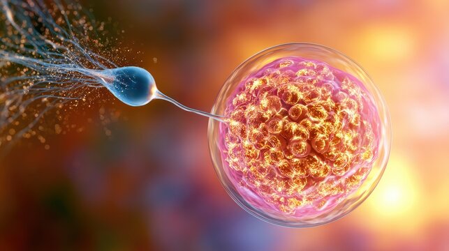 Sperm approaching and fertilizing an egg, depicting cellular reproduction