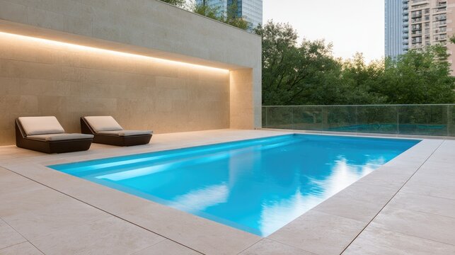Modern outdoor pool with lounge chairs, illuminated wall, and city view