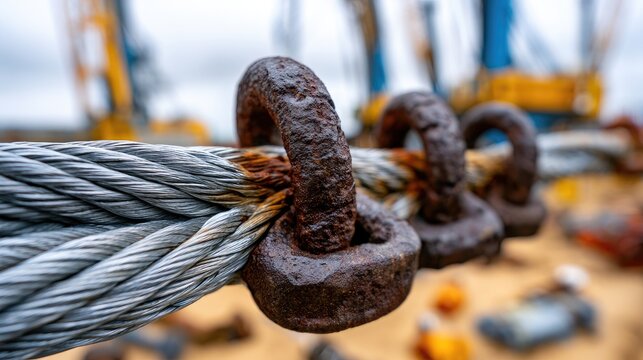 Close-up of rusty metal eyelets attached to a thick steel cable