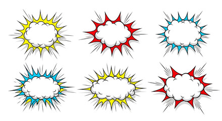 Obraz premium Colorful explosion burst shapes, dynamic speech bubbles, white background, graphic design elements