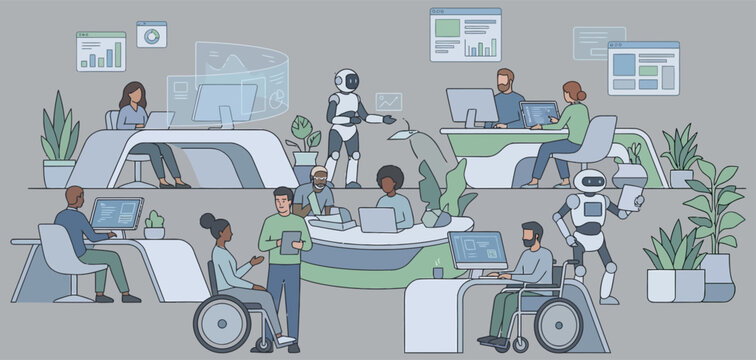A modern office environment where diverse people, including those in wheelchairs, work alongside robots and advanced technology, featuring data displays and collaborative spaces.