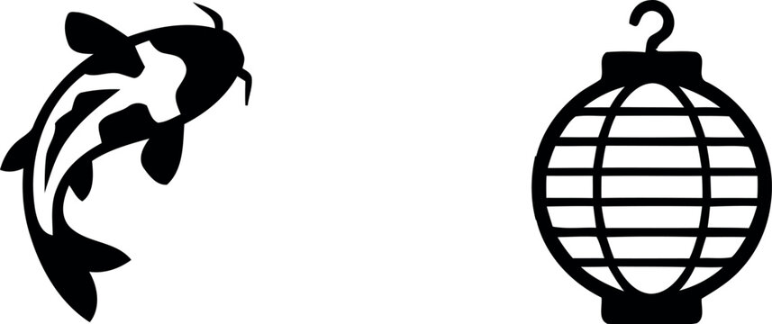 Black silhouette of koi fish and lantern