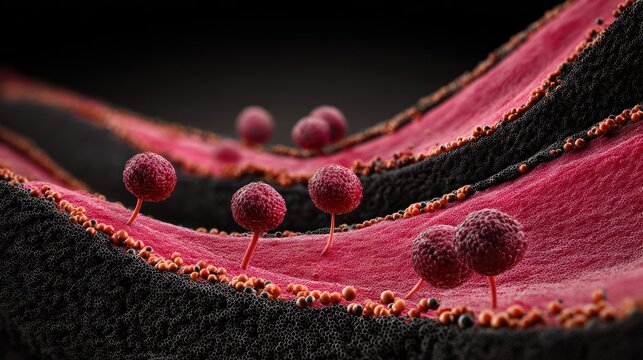 Microscopic structures line a vibrant pink biological pathway bordered by dark textured material.