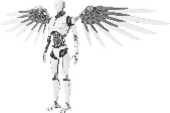 Halftone artwork of an android with large wings, ethereal figure, futuristic design, digital art, symbol of freedom, grey background, standing pose.