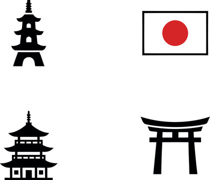 Black silhouettes of japanese temple and gate with flag