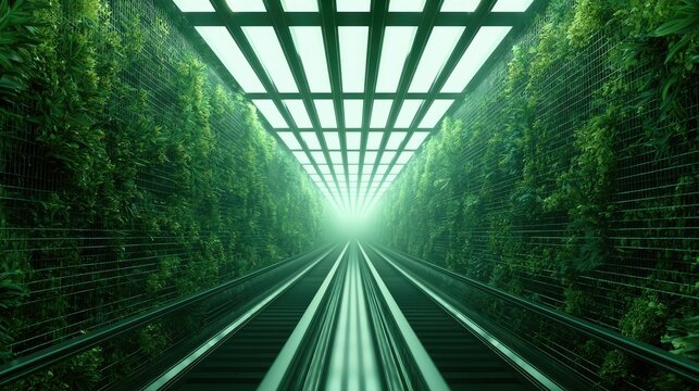 Futuristic green tunnel with illuminated ceiling and escalators
