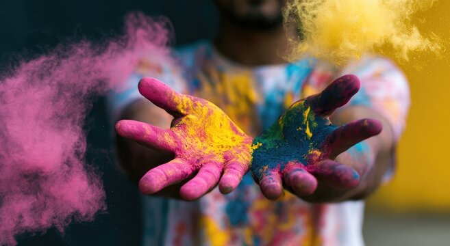 Hands exploding with vibrant pink, yellow, and blue powders against a dark background