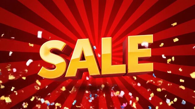 Sale text explodes with colorful confetti on red background with rays