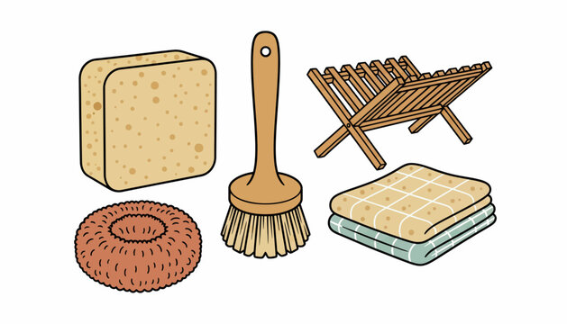 Cleaning supplies, household items, sponge, brush, dish rack, cleaning concept, kitchen tools