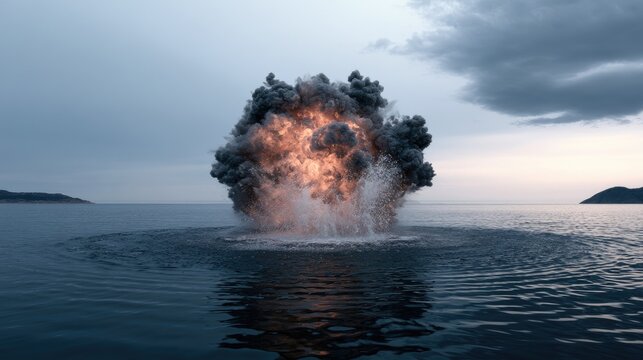 Fiery underwater explosion erupts in calm ocean, sending smoke and spray skyward