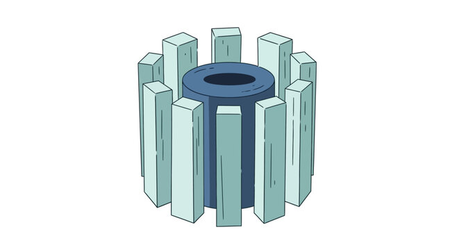 blue cylindrical object surrounded by rectangular blocks, 3d rendering, technology concept, industrial background