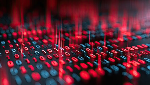 Glowing red and blue binary code streams upward from a dark surface