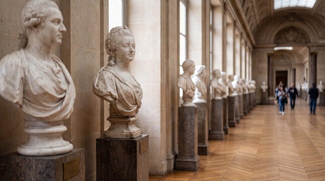 Marble Busts of Historical Figures in a Museum Hallway
