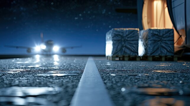 Cargo aircraft with illuminated engines lands on wet tarmac at night
