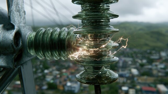 Close-up of electrical arc jumping across glass insulator on utility pole