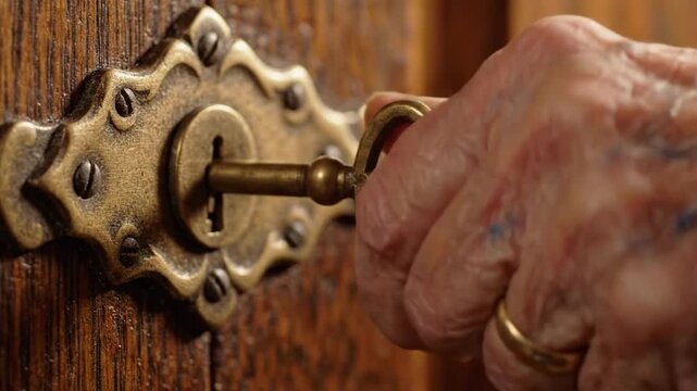 Elderly hand inserting ornate brass key into antique wooden door lock