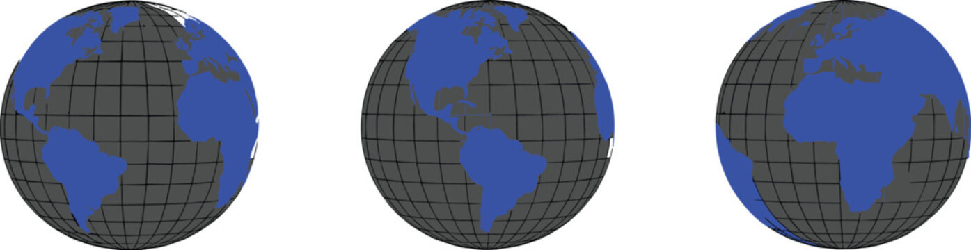Three simplified illustrations of planet earth showing different continents and longitudelatitude gridlines