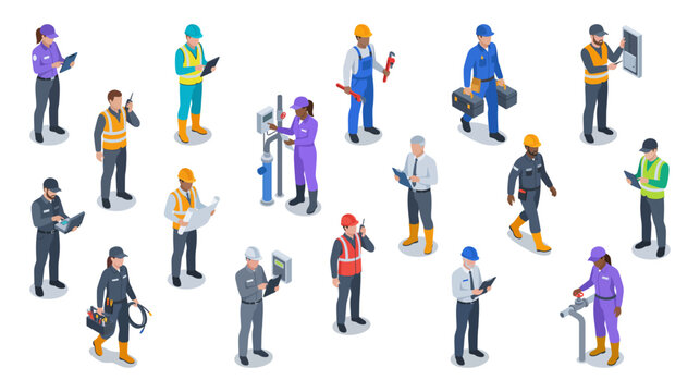 Isometric industrial utility and emergency technician characters set | Professional maintenance workers with tools | Vector illustration