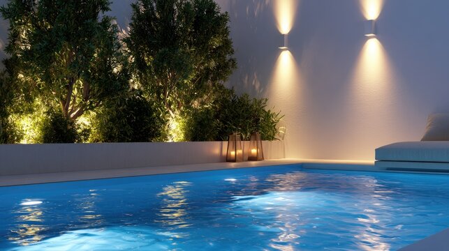 Illuminated tranquil pool oasis with lush greenery and ambient lighting