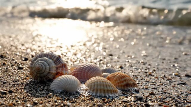 Close-up of seashells on sand with gentle ocean waves