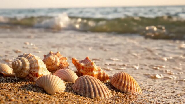 Seashells on beach with water washing over them