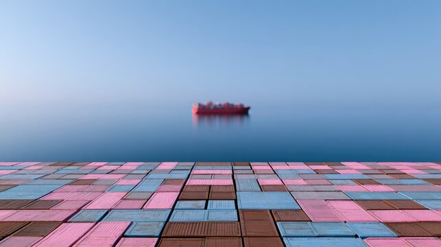 Distant red cargo ship sails on calm sea from foreground of colorful crates