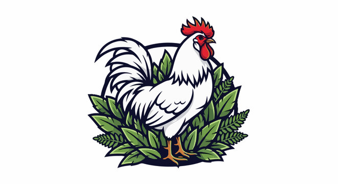 White rooster with vibrant red comb stands proudly amongst green leaves