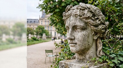 Fototapeta premium Stone bust statue in a lush green garden with blurred architecture in background