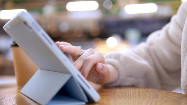 Person taps tablet on wooden table in cozy cafe. Warm lighting and blurred background suggest calm focus. Ideal for remote work, digital learning, or modern lifestyle content