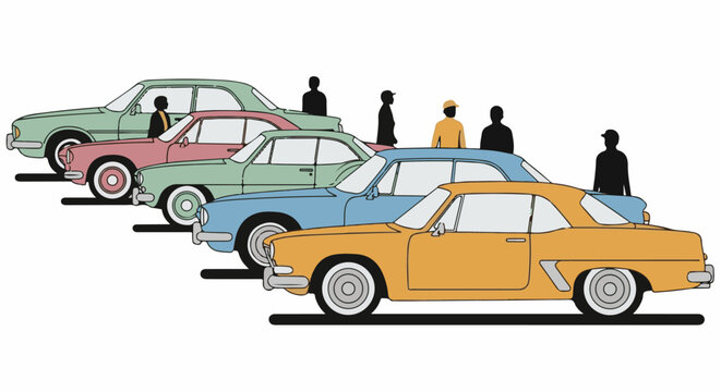 Vintage cars lined up with silhouetted figures standing beside them