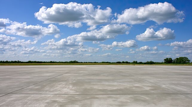 Vast concrete expanse beneath a bright blue sky with fluffy white clouds