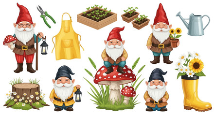 Fototapeta premium Gnome garden decorations, gardening tools, and plants, outdoor decor concept, whimsical home garden