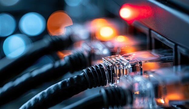 Close-up of glowing network cables plugged into a server with blinking lights