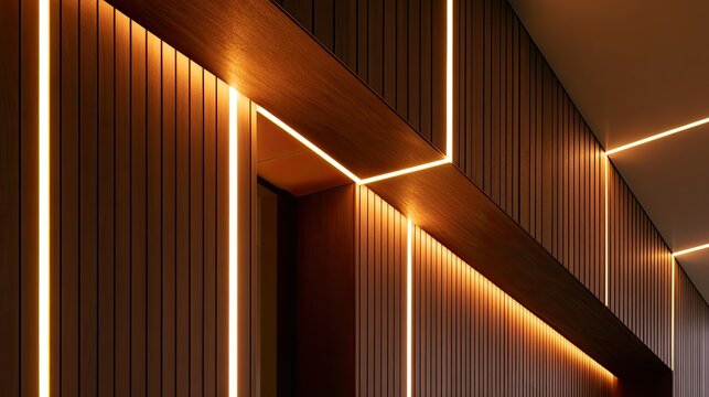 Warm recessed lighting accentuates a textured wooden wall