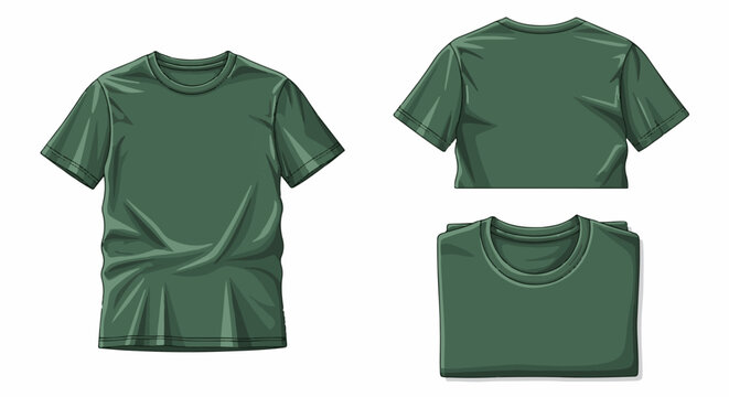 Three views of a plain, short-sleeved, forest green t-shirt