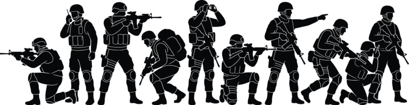 Silhouette of special forces team in tactical combat positions