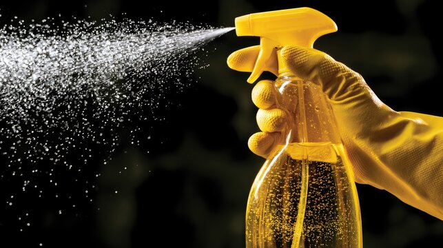 Yellow gloved hand sprays clear liquid from a trigger bottle