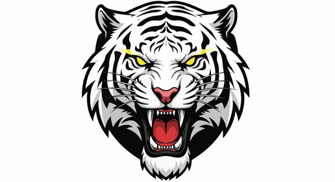 Fierce white tiger head roaring with bright yellow eyes and sharp fangs