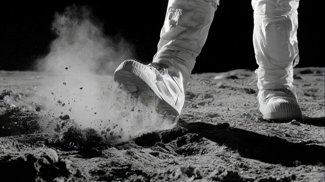 Astronaut boot kicks up dust on barren moon surface
