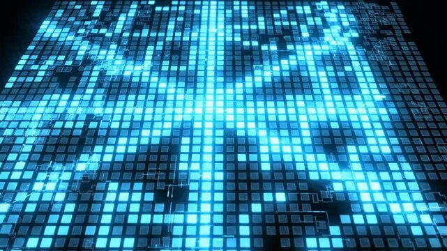 Abstract glowing blue square grid with digital data patterns