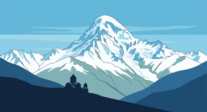 Pixelated snowy mountain peak overlooks a serene monastery in blue tones