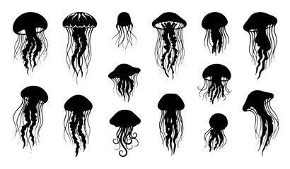 Black and white jellyfish silhouette vector set with marine ocean creatures isolated on white background © abdul